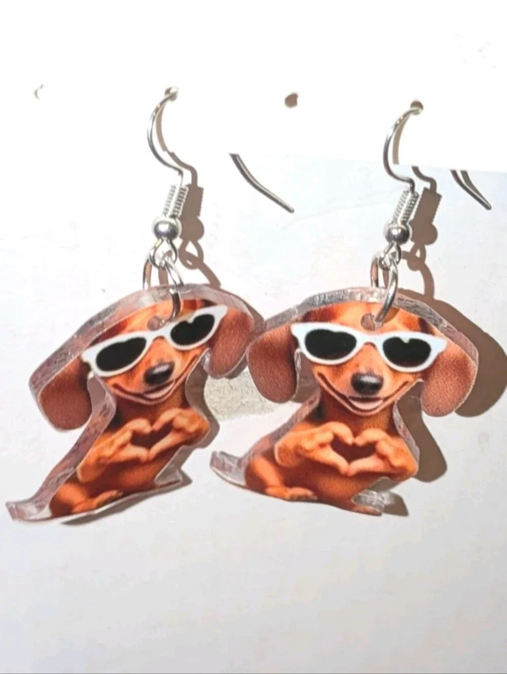 Hand Crafted Orange Dachshund Earrings with White Sunglasses